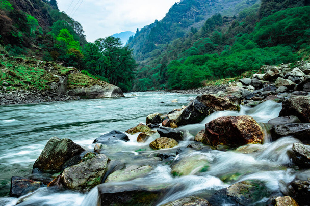 berg rivier stroomt in vallei met bos op dag van platte hoek - Foto, afbeelding