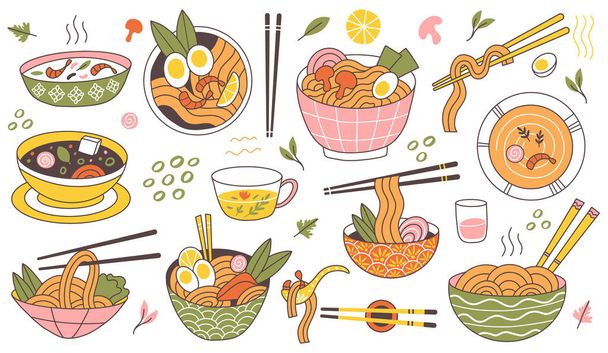 ラーメンの麺の伝統的なアジア料理をボウルに入れます。日本料理麺スープ、肉汁ベクトルイラストでおいしい麺。東洋料理ラーメン丼 - ベクター画像