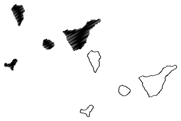 Провинция Санта-Крус-де-Тенерифе (Королевство Испания, Канарские острова): векторная иллюстрация, каракули Тенерифе, Ла-Гомера, Эль-Йерро и карта Пальмы - Вектор,изображение