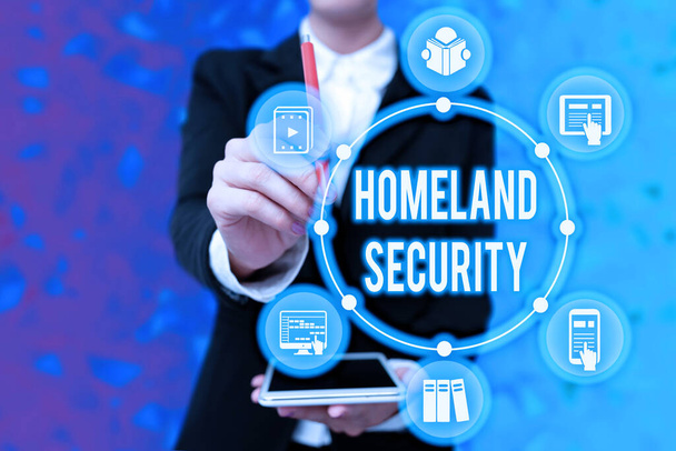 Text sign showing Homeland Security. Business approach federal agency designed to protect the USA against threats Lady In Uniform Holding Tablet In Hand Virtually Typing Futuristic Tech. - Photo, Image