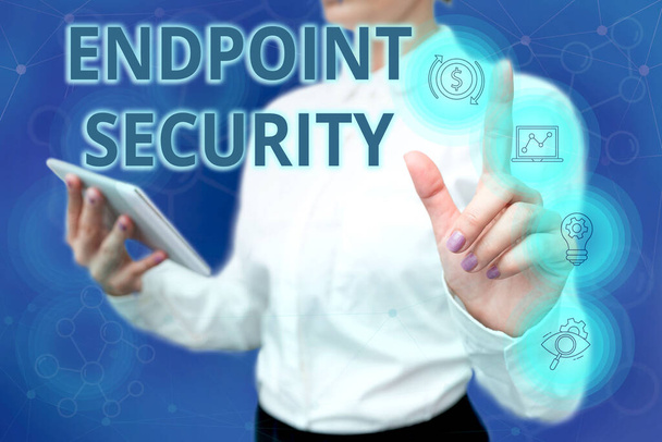 Conceptual caption Endpoint Security. Business showcase the methodology of protecting the corporate network Lady In Uniform Standing Hold Phone Virtual Press Button Futuristic Tech. - Photo, Image