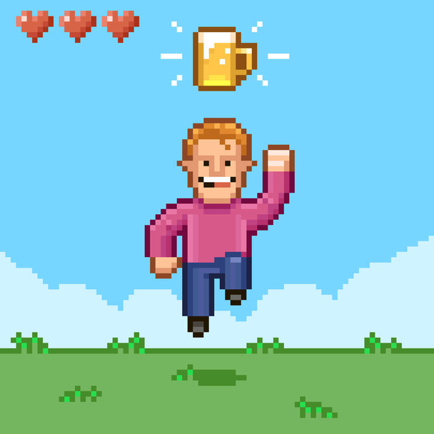 漫画のカラフルなシンプルなフラットピクセルアートイラスト男性のレトロなビデオゲームキャラクターがビールのマグカップの下で跳ねる - ベクター画像