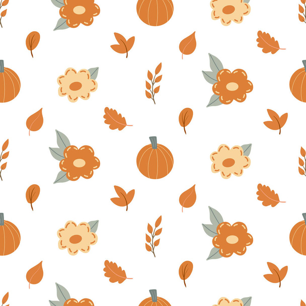 Seamless pattern with autumn elements in simple Scandinavian style - Pumpkin, fall flowers, herbs, branches, leaves on white background. Cute seasonal childish texture for Thanksgiving, Halloween - Vektor, kép