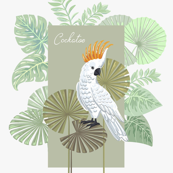 Cockatoo στα φύλλα των τροπικών φυτών. Εικονογράφηση διανύσματος - Διάνυσμα, εικόνα