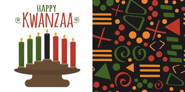 Happy Kwanzaa - sada vektorové ilustrace svícnu kinara izolované na bílém se sedmi svíčkami a kmenové africké etnické bezešvé vzor pozadí s jednoduchými liniemi a figurkami. - Vektor, obrázek