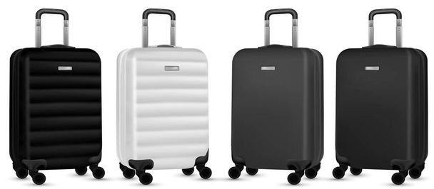 旅行バッグステッカー。シルバー旅行プラスチックスーツケースまたは休暇荷物バッグコレクション隔離された白い背景。コピースペース。路盤セット. - ベクター画像