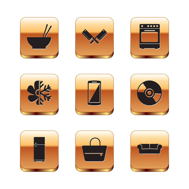Set Bowl con palillos, refrigerador, bolso, Smartphone, teléfono móvil, aire acondicionado e icono del horno. Vector - Vector, imagen