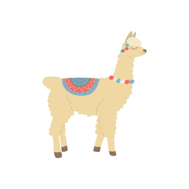 lama beige se tient les yeux fermés avec un tapis sur le dos et des bulles colorées sur son cou sur un fond blanc - Vecteur, image