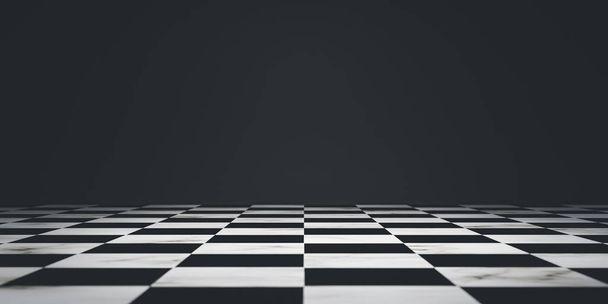 Černá plocha šachovnice na tmavém pozadí pro dekoraci jakékoliv soutěže, jako je podnikání a sport 3d vykreslení. - Fotografie, Obrázek