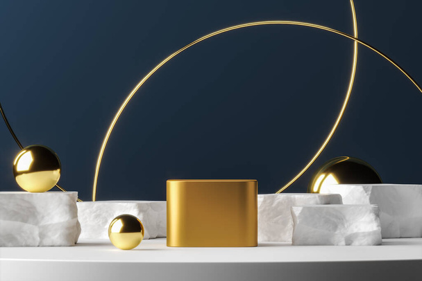 Goldenes Podium auf weißen Plateaukugeln und Ring, abstrakter Hintergrund für Präsentation oder Werbung. 3D-Darstellung - Foto, Bild