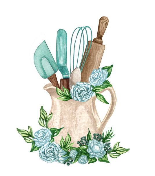Baking watercolor illustration with kitchen utensils in a clay jag with flowers, polling pin, whisk, spoon on white background. Hand drawn Cooking. bakery logo. - Photo, Image