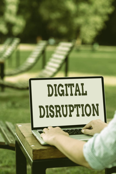 Sign displaying Digital Disruption. Word Written on transformation caused by emerging digital technologies Online Jobs And Working Remotely Connecting People Together - Фото, изображение
