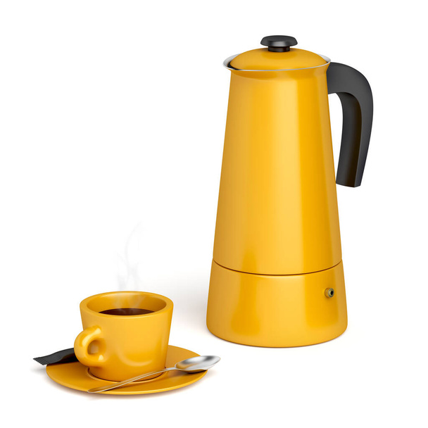 Moka pot en een kopje warme koffie - Foto, afbeelding