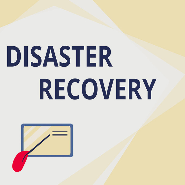 Text showing inspiration Disaster Recovery. Business approach helping showing affected by a serious damaging event Card Drawing With Hand Pointing Stick At Small Details. - Foto, imagen