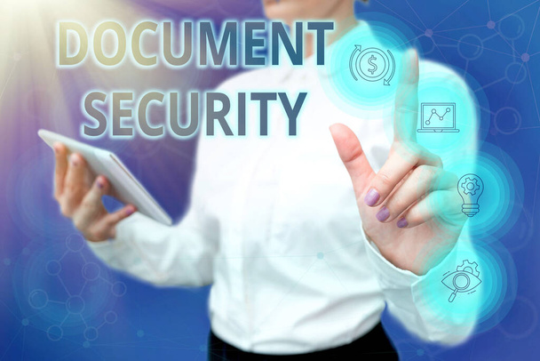 Hand writing sign Document Security. Business overview means in which important documents are filed or stored Lady In Uniform Standing Hold Phone Virtual Press Button Futuristic Tech. - Fotografie, Obrázek