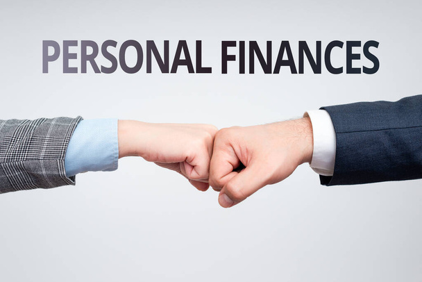 Conceptual caption Personal Finances. Internet Concept the activity of managing own money and financial decisions Two Professional Well-Dressed Corporate Businessmen Handshake Indoors - Fotó, kép