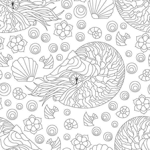 Nahtloses Muster mit dunkler Nautilus-Kontur, Muscheln und Fischen, Umrisse von Tieren auf weißem Hintergrund - Vektor, Bild