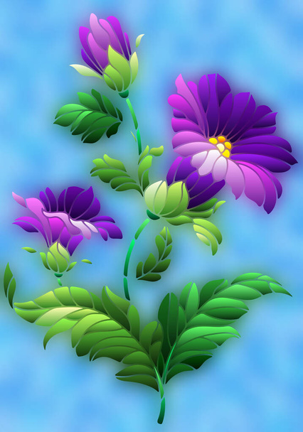Ilustracja w stylu witrażu z purpurowymi kwiatami na tle błękitnego nieba, prostokątny obraz - Wektor, obraz