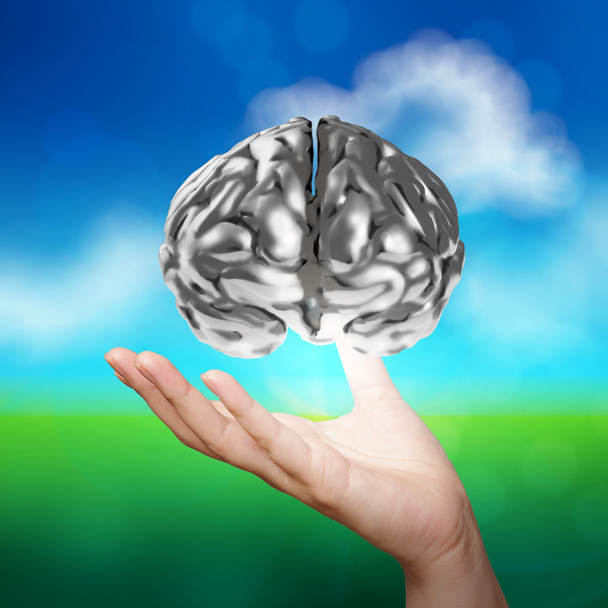 empresario mano mostrando 3d metal cerebro humano en la naturaleza backgrou
 - Foto, Imagen