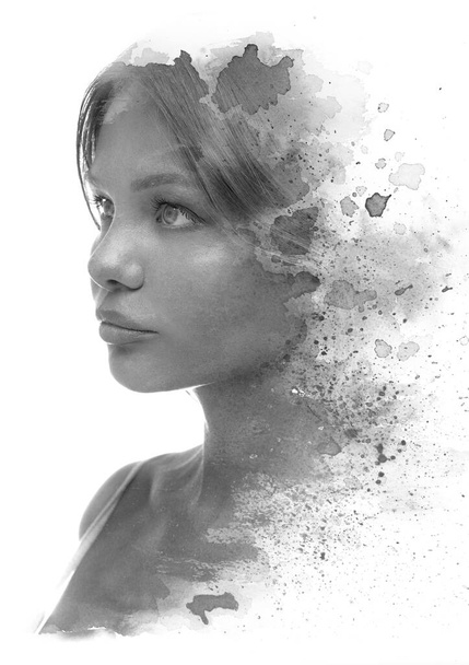 Paintography. A portrait of a young woman combined with an abstract chinese ink painting - Foto, imagen