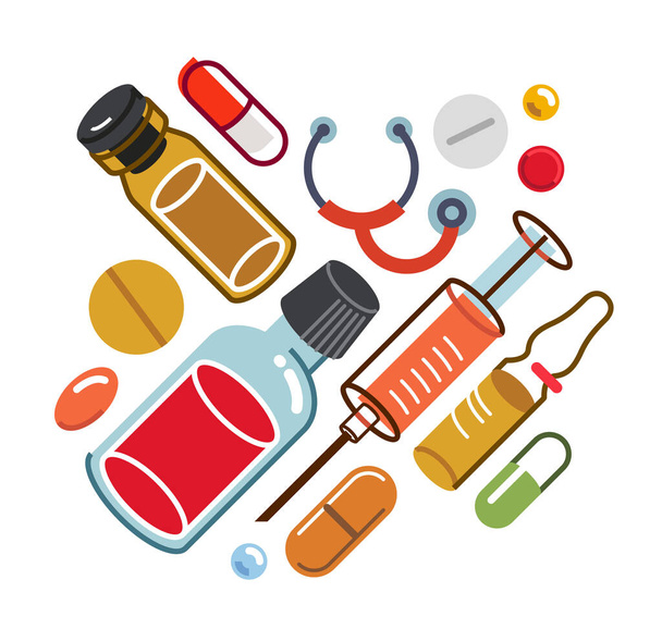 Pharmacy drugs apothecary bottles and pills and ampules, big composition set of medicaments vector flat illustration isolated, health care and healing medical theme design. - Vector, imagen
