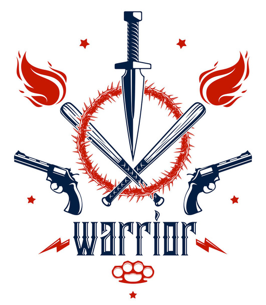 Revolution and War vector emblem with dagger knife and other weapons , tattoo with lots of design elements, riot partisan warrior, criminal and anarchist style, social tension theme. - Вектор,изображение