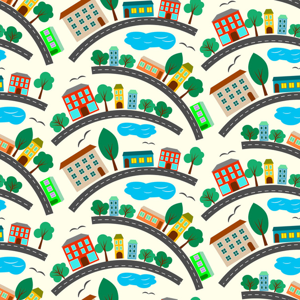 Pattern with colorful houses, lake and trees. Vector illustration for children.  - Vector, Image