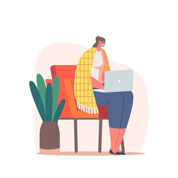 Relaxado mulher de negócios ou freelancer trabalhando no laptop sentado na cadeira coberta com xadrez acolhedor. Trabalhador independente - Vetor, Imagem