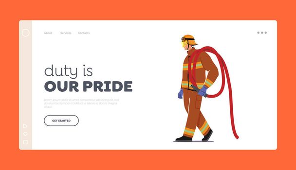 Fire Man Profession Landing Page Template. Fireman Carry Water Hose on Shoulder, Equipment for Fighting with Blaze - Vector, Image