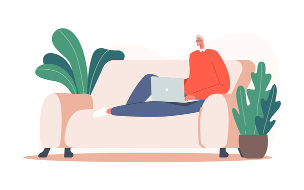Старший розслаблений чоловік фрілансер, який працює на ноутбуці сидить затишний диван. позаштатна професія працівника
 - Вектор, зображення