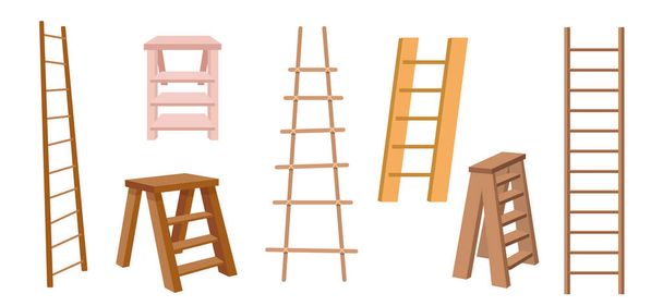 Set Wooden Step Ladders, Home Interior Constructions, Stairway Ladders for Renovation Works Isolated on White Background - Vector, Image