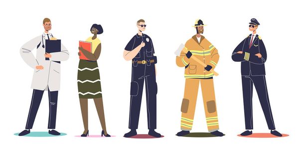 Arbeiter in Berufsuniformen: Pilot, Feuerwehrmann, Polizist, Lehrer und Arzt - Vektor, Bild