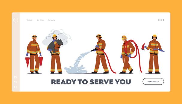 Modèle de page d'atterrissage des pompiers. Personnages masculins en uniforme tenant des seaux, sauver le chien et la hache, pulvériser de l'eau - Vecteur, image