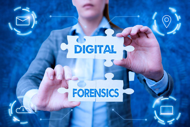 Inspiration showing sign Digital Forensics. Business approach investigation of material found in digital devices Business Woman Holding Jigsaw Puzzle Piece Unlocking New Futuristic Tech. - Photo, image