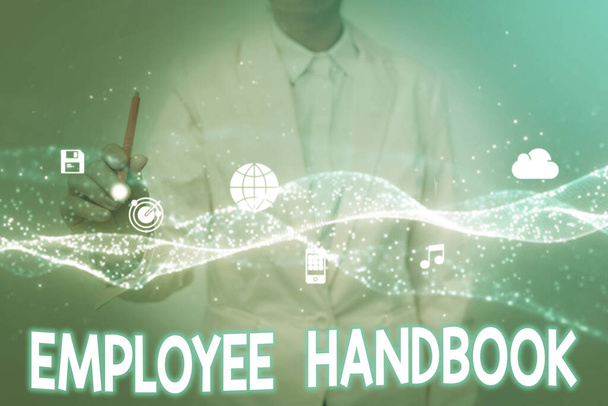 Inspiration showing sign Employee Handbook. Business concept states the rules and regulations and policies of a company Lady In Uniform Holding Tablet In Hand Virtually Tapping Futuristic Tech. - Zdjęcie, obraz