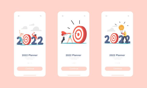 2022 Νέο Έτος Στόχος Επίτευξη Mobile App Σελίδα επί του σκάφους Πρότυπο οθόνης. Επιχειρηματικοί χαρακτήρες ρίξει βελάκια στο στόχο - Διάνυσμα, εικόνα