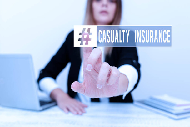 Hand writing sign Casualty Insurance. Word for overage against loss of property or other liabilities Assistant Offering Instruction And Training Advice, Discussing New Job - Φωτογραφία, εικόνα
