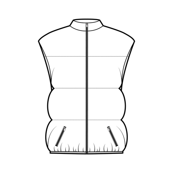 Down vest puffer waistcoat technical fashion illustration with sleeveless, stand collar, pockets, oversized, hip length - Vector, Image