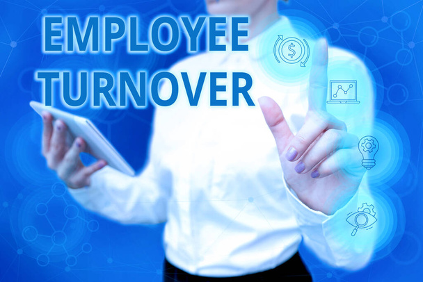 Text showing inspiration Employee Turnover. Business concept the percentage of workers who leave an organization Lady In Uniform Standing Hold Phone Virtual Press Button Futuristic Tech. - 写真・画像