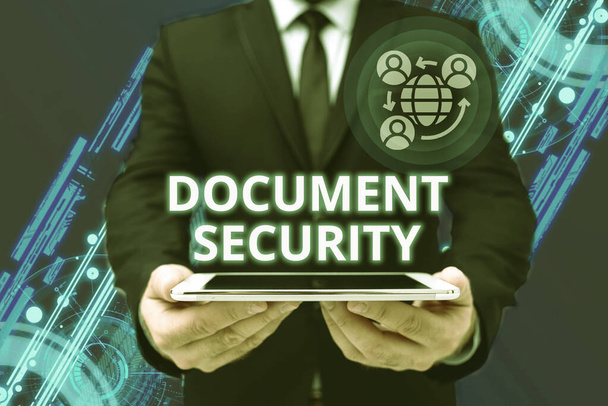 Inspiration showing sign Document Security. Business concept means in which important documents are filed or stored Man In Office Uniform Holding Tablet Displaying New Modern Technology. - Foto, Imagen
