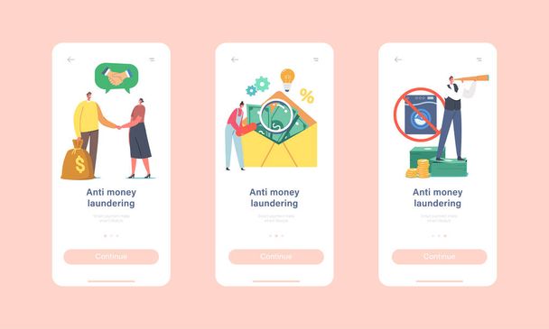 Campagne tegen het witwassen van geld Mobile App Page Onboard Screen Template. Kleine karakters bij Envelop Envelop - Vector, afbeelding
