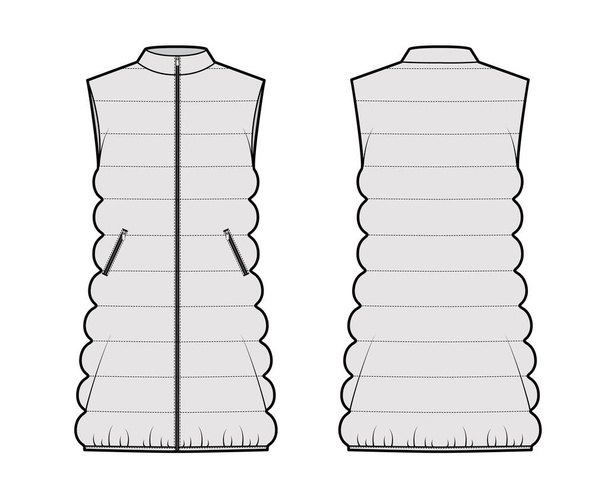 Gilet en duvet gilet gonflable illustration technique de mode avec sans manches, col montant, corps lâche, longueur de la cuisse - Vecteur, image