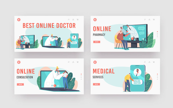 Online Medicine Service Landing Page Szablon zestaw. Postacie pacjentów korzystają z konsultacji z odległym lekarzem przez Internet - Wektor, obraz