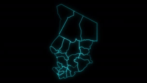 Abstract kaart overzicht van Tsjaad met regio 's gloeiende contouren in en uit animatie - Video