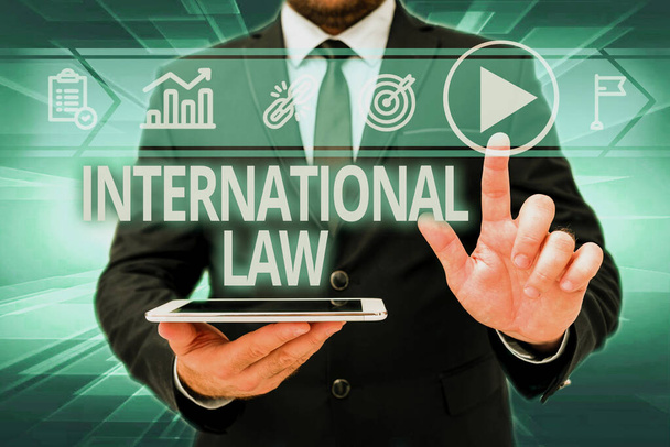 Sign displaying International Law. Conceptual photo system of treaties and agreements between nations Man In Office Uniform Standing Pressing Virtual Button Holding Tablet. - Fotó, kép