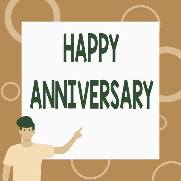 Sign displaying Happy Anniversary. Conceptual photo The annually recurring date of a past event celebration Gentleman Drawing Standing Pointing Finger In Blank Whiteboard. - Фото, изображение