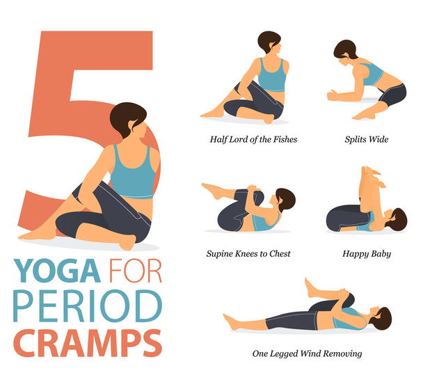 Infographic 5 Yoga poses for workout at home in concept of period cramps in flat design. Women exercising for body stretching. Yoga posture or asana for fitness infographic. Flat Cartoon Vector Illustration. - Vector, Image