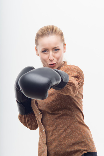 Business woman with boxing gloves - Фото, зображення