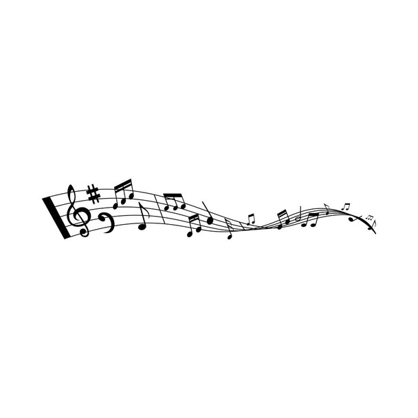 Şarkı ya da melodinin vektör notalarıyla müzik dalgası. Müzik notaları, nota işaretleri ve bas demetleri, keskin sembol ve bar çizgileri, piyano, flüt ve keman notaları olan girdap ya da personel - Vektör, Görsel