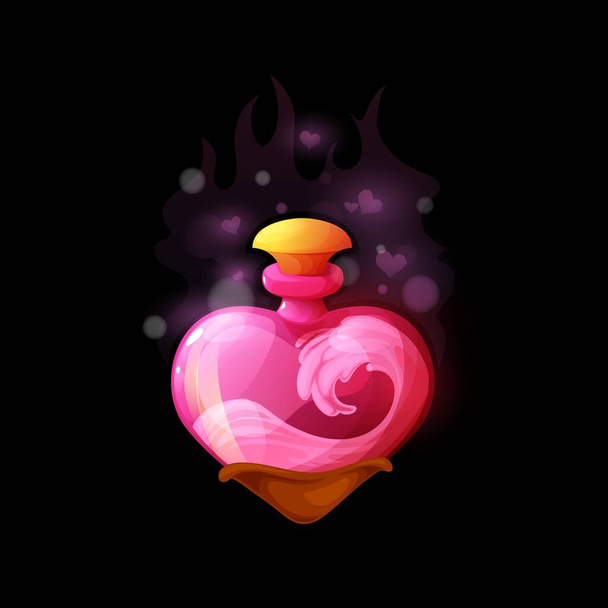 Cartoon love potion bottle, vector heart shaped flask with pink liquid. Magic elixir ui design element for magical game. Passion witch poison with sparks, alchemy object isolated on black background - Вектор,изображение